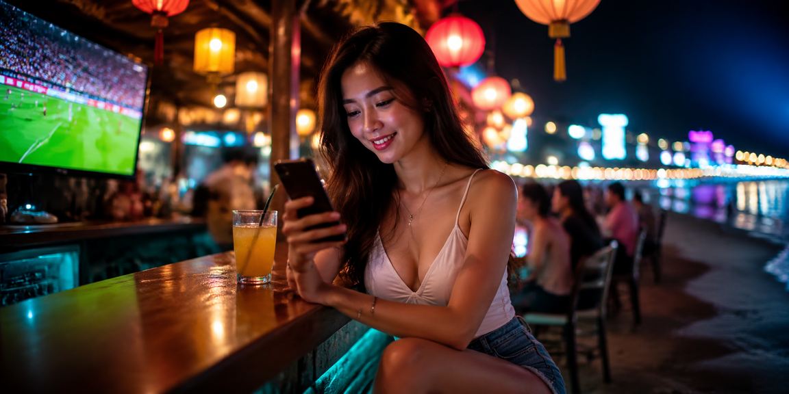 Khách hàng sử dụng điện thoại đặt cược bóng đá tại Vũng Tàu với cảnh quán cà phê